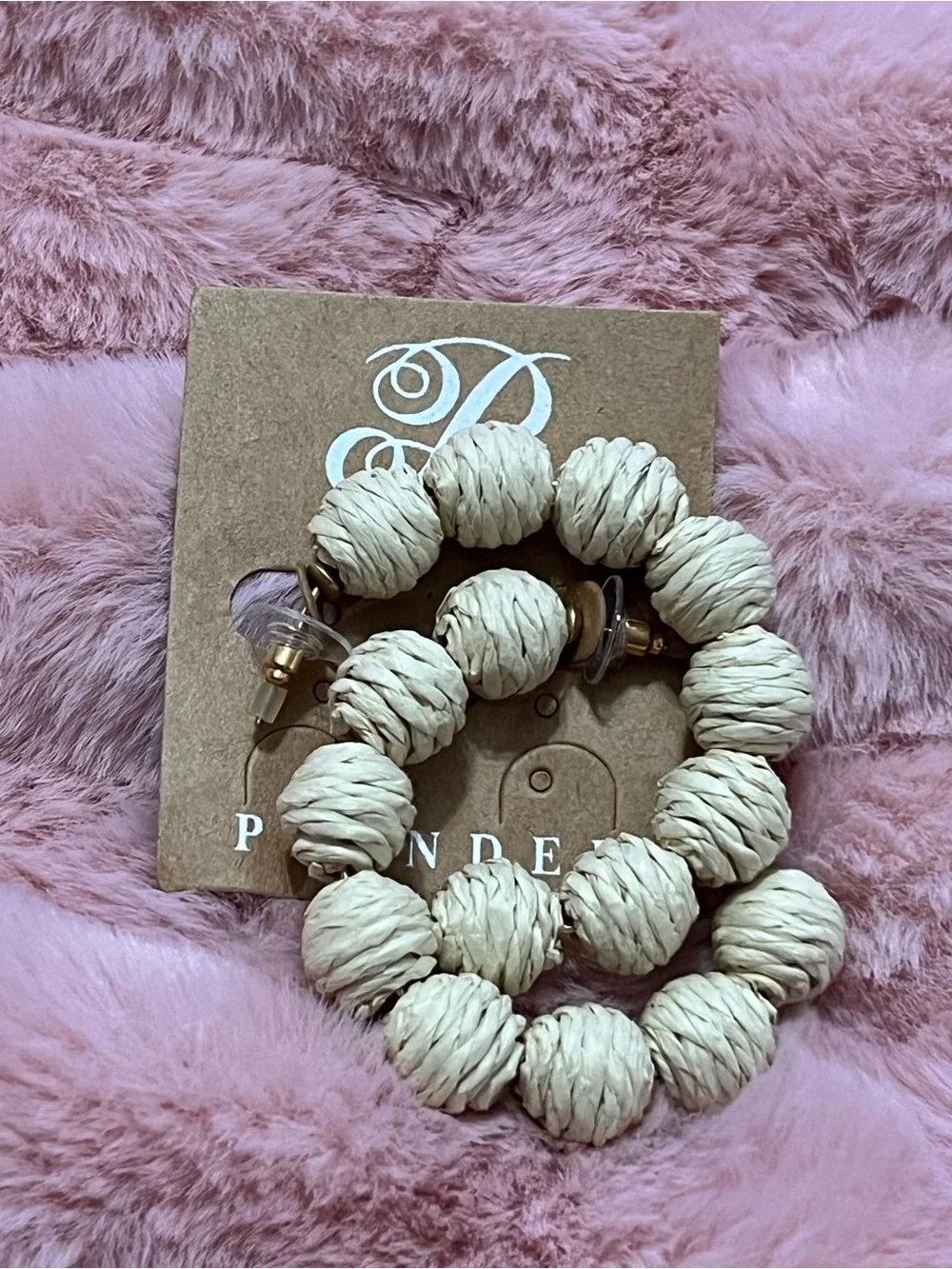 Plunder Natural Cream Raffia Bead Hoop Earrings with Gold Posts